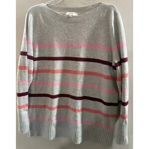 LOFT Sweater Women XL Gray Heather Stripe Knitted Long Sleeve Crew Neck Pullover